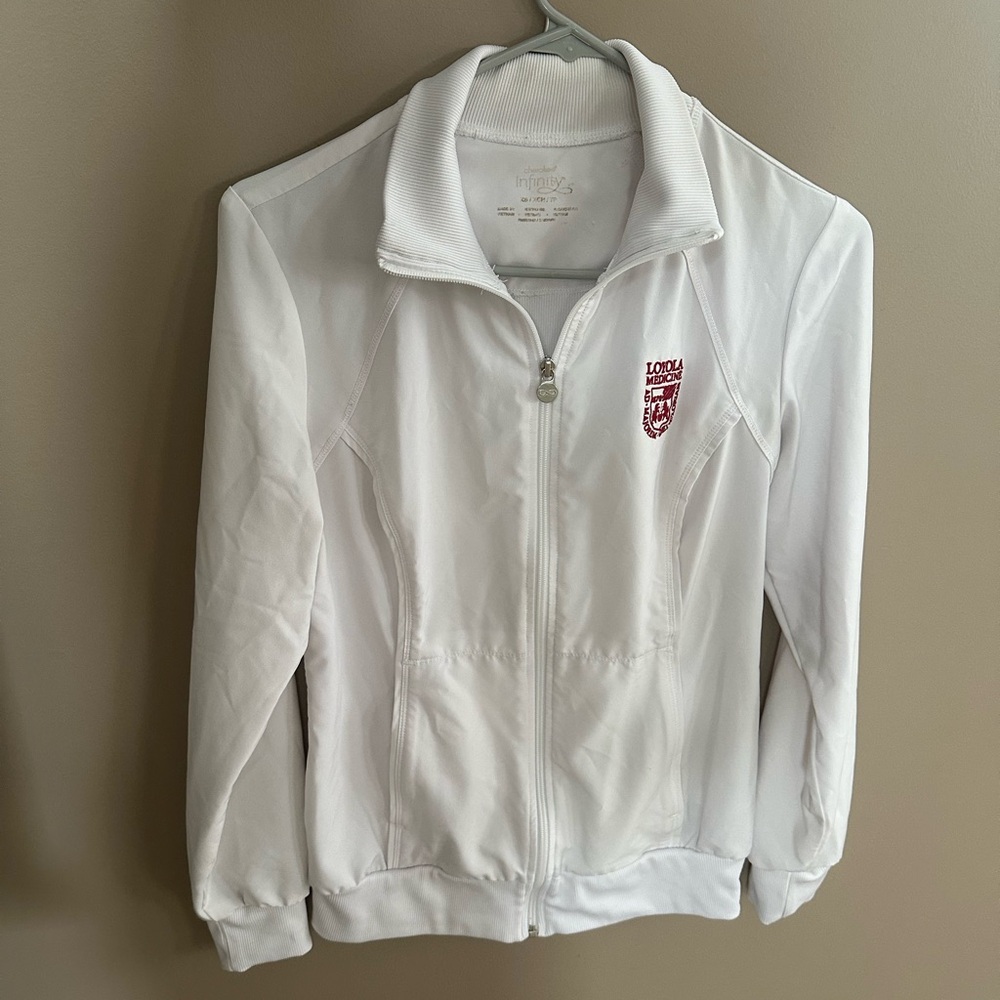 CHEROKEE INFINITY Classic White Varsity Jacket with Maroon Loyola Logo XS